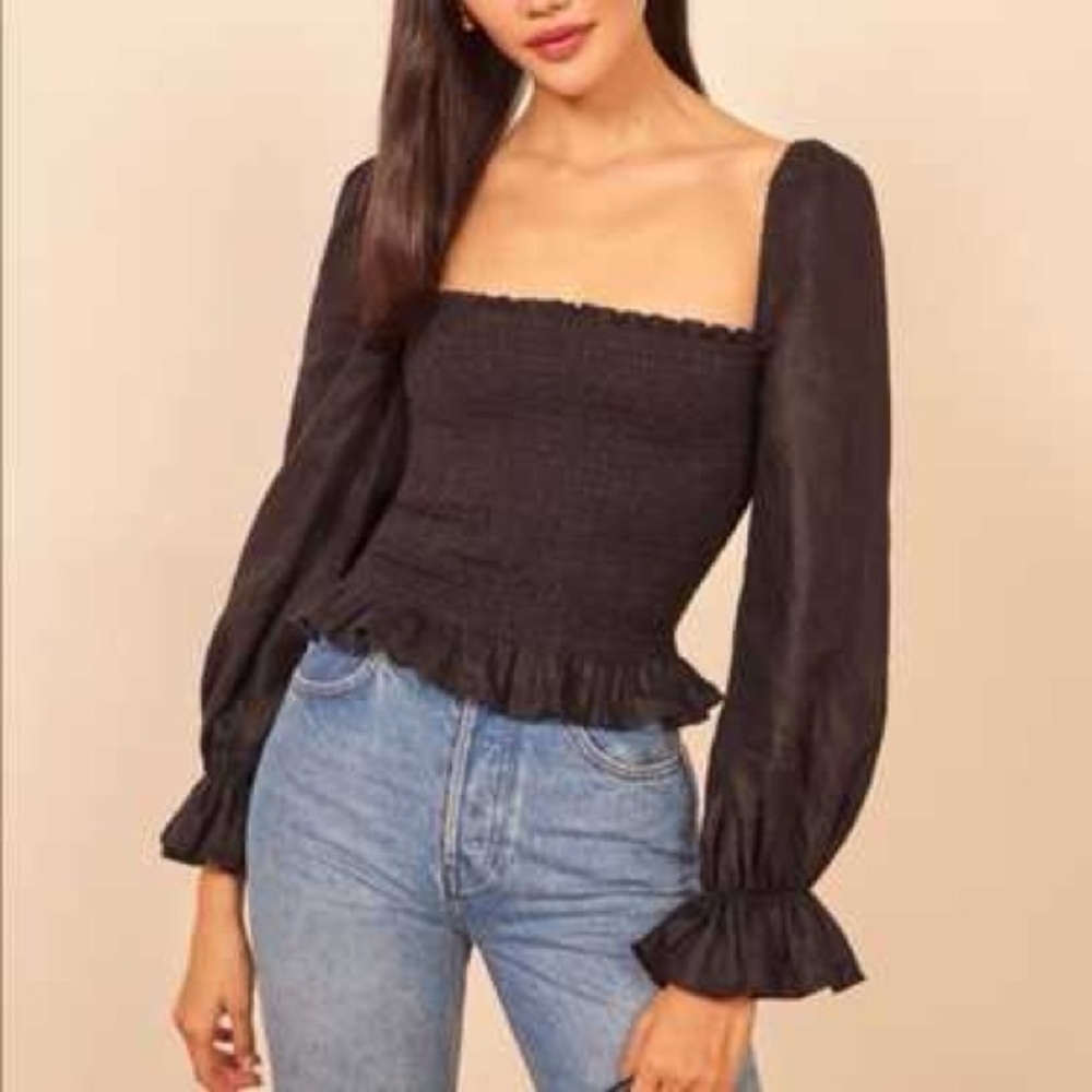 NWOT Reformation Linen Super Balloon Sleeves  Smocked Top - Small